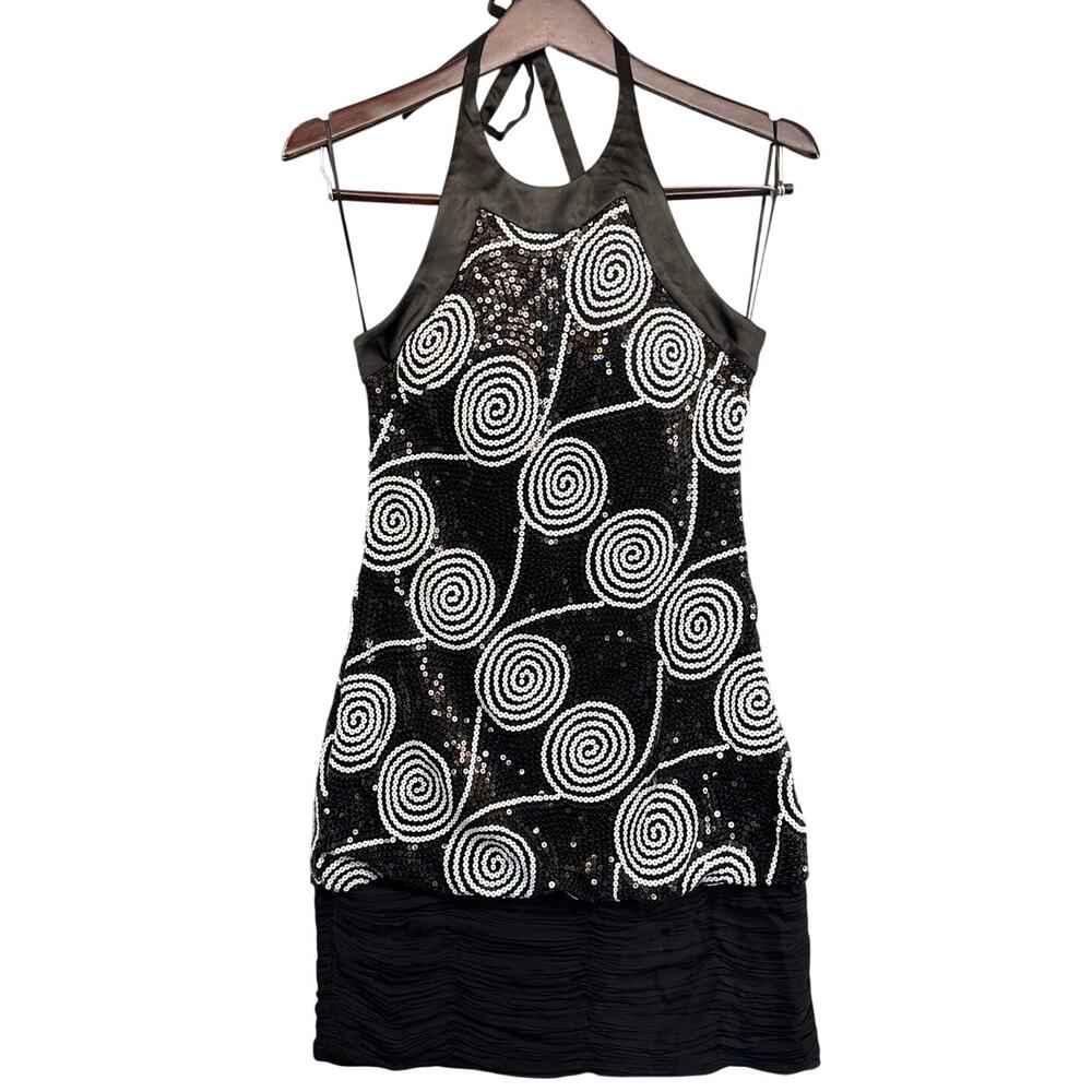 Cache 90s Y2K Black White Sequin Swirl Ruched Hem Halter Party Dress Women 4